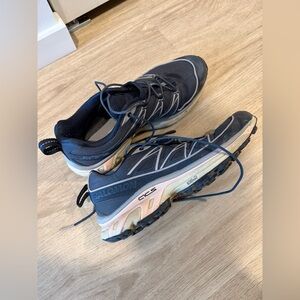 Salomon Blue and Gray Athletic Shoes (Pink Accents); W10.5/M9.5 Unisex